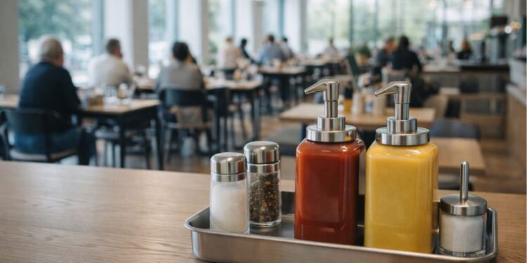 Sachês de mostarda e ketchup num restaurante