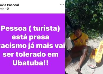 Imagem do salva-vdas algemado, ao lado a publicação da prefeita de Ubatuba, Flávia Pascoal