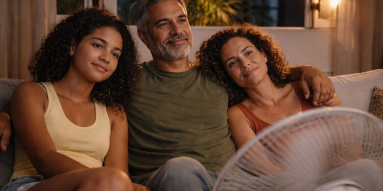 Uma família na sala de casa sem ar-condicionado