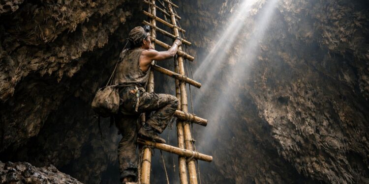 Uma pessoa buscando o ingrediente na caverna para fazer a sopa de ninho de pássaro
