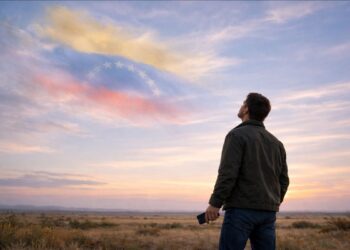 Um rapaz na Venezuela olha para céu enquanto usa a internet da Starlink