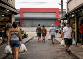 Pessoas indo ao supermercado no domingo de manhã