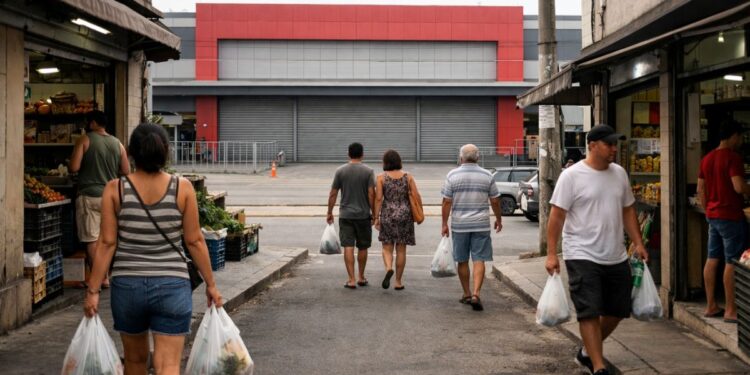 Pessoas indo ao supermercado no domingo de manhã