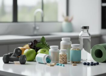Suplementos em cima de uma mesa na sala da cozinha