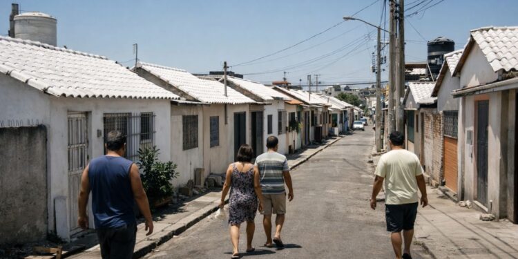 Uma com telhas brancas e alguns brasileiros na rua