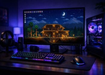 Um setup gamer com Terraria na tela