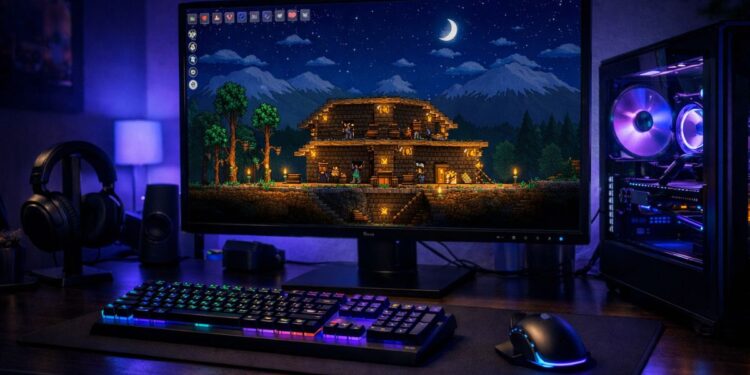 Um setup gamer com Terraria na tela