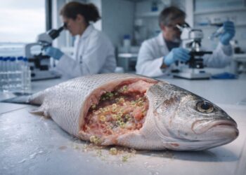 Toxinas dentro de um peixe no laboratório