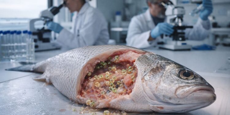 Toxinas dentro de um peixe no laboratório