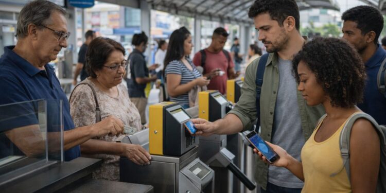 Pessoas acessando o transporte digital pela catraca