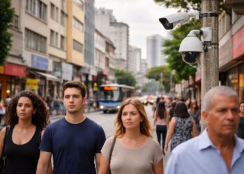 Pessoas passam na rua em frente a câmeras em um poste
