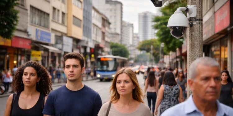 Pessoas passam na rua em frente a câmeras em um poste