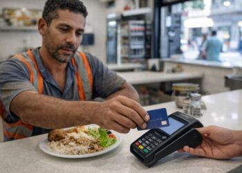 Um trabalhador pagando com o vale-refeição