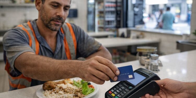 Um trabalhador pagando com o vale-refeição