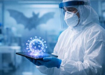 Um cientista olhando holograma do Vírus Nipah