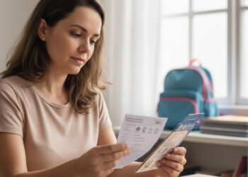Uma mãe analisando a ficha de um material escolar antes da volta às aulas