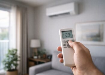 Pessoa usando controle no ar-condicionado da sala