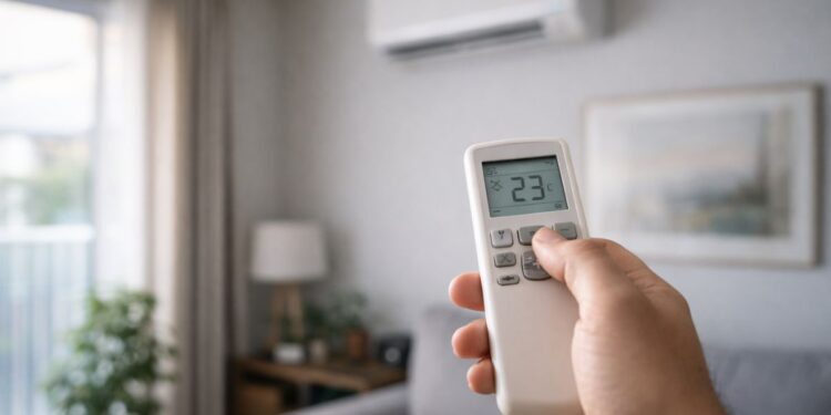Pessoa usando controle no ar-condicionado da sala