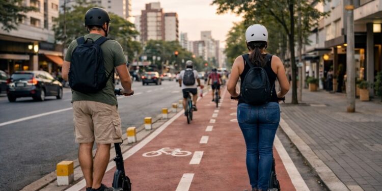 Pessoas usando capacetes para andar de patinete elétrico