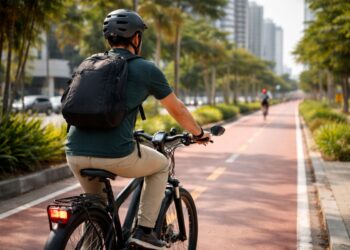 Uma pessoa andando com e-bike na ciclovia