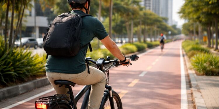 Uma pessoa andando com e-bike na ciclovia