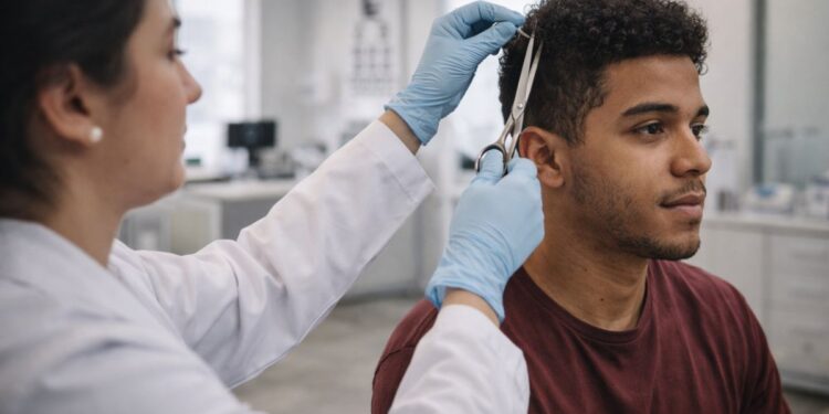 Um jovem cortando fios de cabelo para o exame toxicológico para CNH