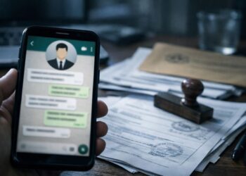 Documentos reunidos e uma tela do WhatsApp sobre o golpe do falso advogado