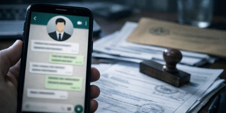 Documentos reunidos e uma tela do WhatsApp sobre o golpe do falso advogado