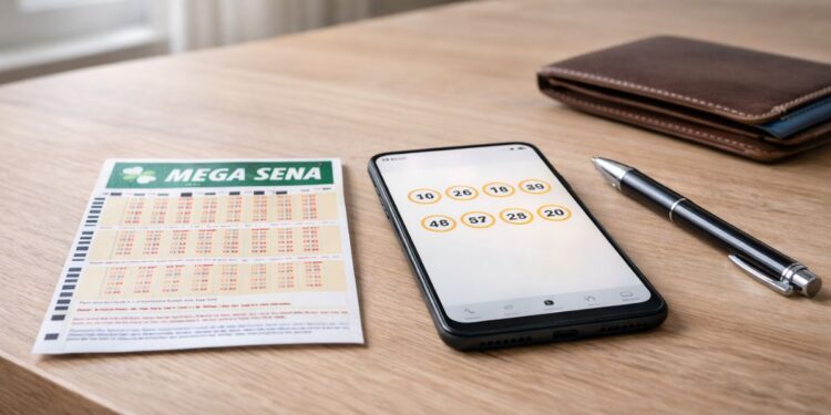 Imagem de um bilhete da Mega-Sena ao lado de um celular para acompanhar o resultado das loterias