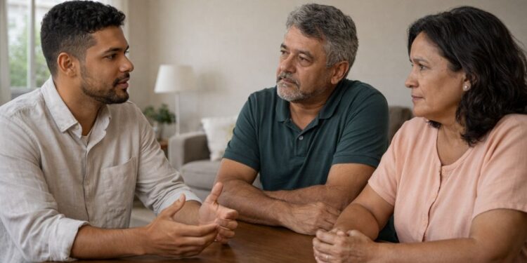 Um filho falando para seus pais que vai morar sozinho