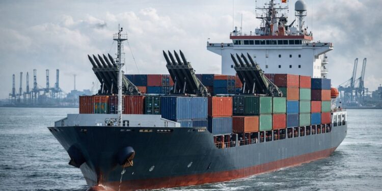 Um porta-contêineres chinês no mar