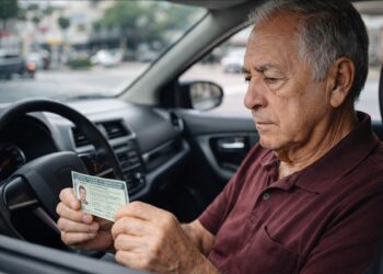Um senhor olha seu documento após a renovação automática da CNH