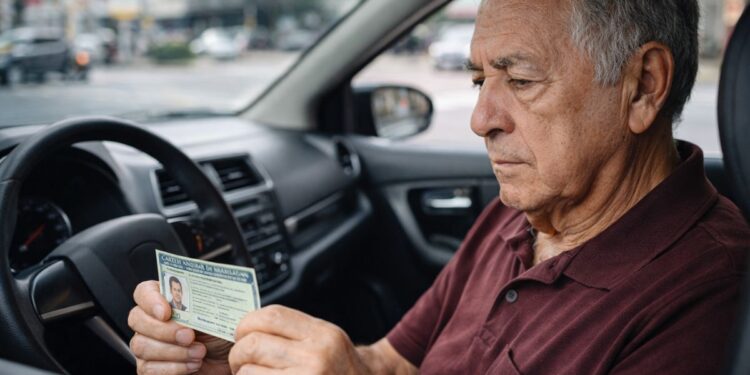 Um senhor olha seu documento após a renovação automática da CNH