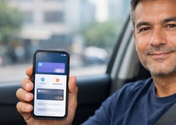 Um homem feliz dentro do carro com o celular na mão após a renovação de CNH em 2026