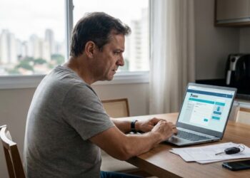 Um motorista checando se seu veículo foi transferido ilegalmente no Detran pelo notebook