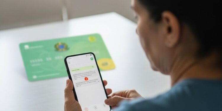 Uma mulher consulta o alerta do Bolsa Família em seu celular