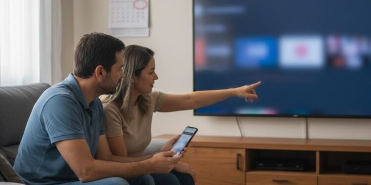 Uma família vendo a televisão com o plano da Disney+