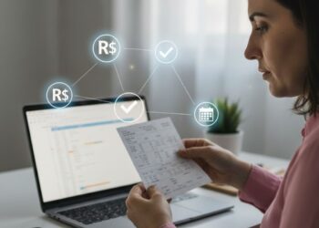 Uma mulher vendo o documento do IR 2026 em frente ao seu notebook