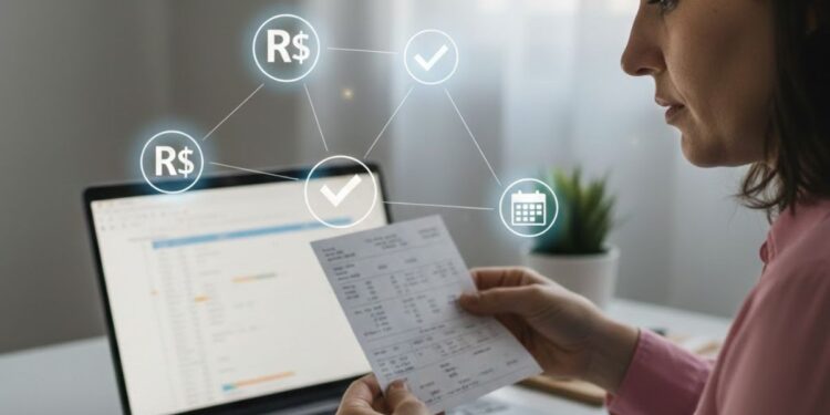 Uma mulher vendo o documento do IR 2026 em frente ao seu notebook