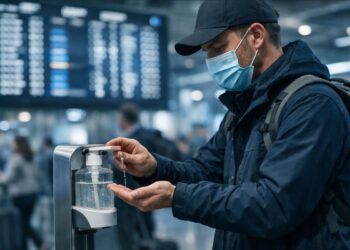 Uma pessoa se desinfetando do Vírus Nipah em um aeroporto