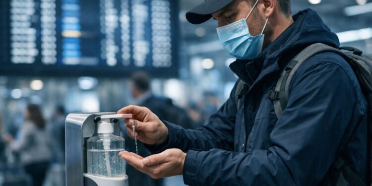 Uma pessoa se desinfetando do Vírus Nipah em um aeroporto