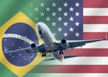 Um avião em frente a uma bandeira dos EUA e do Brasil representando as regras de visto para Copa do Mundo 2026