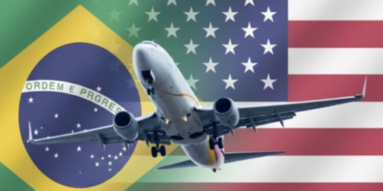 Um avião em frente a uma bandeira dos EUA e do Brasil representando as regras de visto para Copa do Mundo 2026