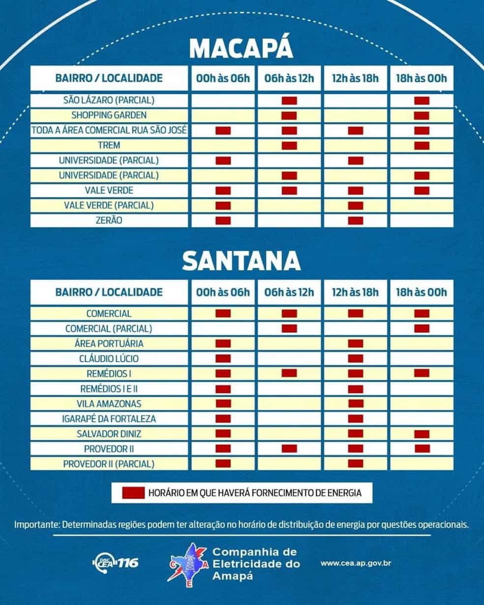 Amapá - cronograma de rodízio - comunidades e cidades do interior — Foto: CEA/Divulgação