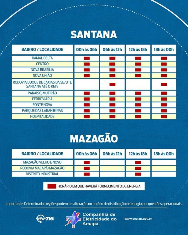 Amapá - cronograma de rodízio - comunidades e cidades do interior — Foto: CEA/Divulgação