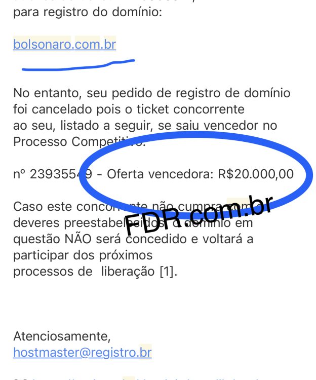 Valor do domínio pago pelo site Bolsonaro.com.br