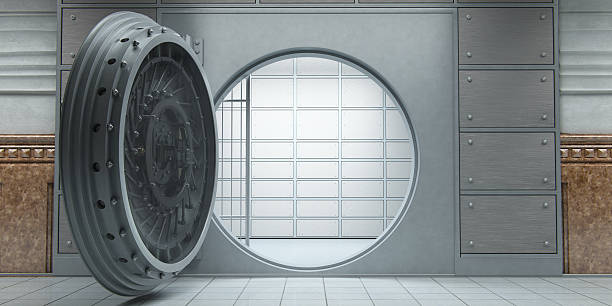 Opened huge empty bank vault front view