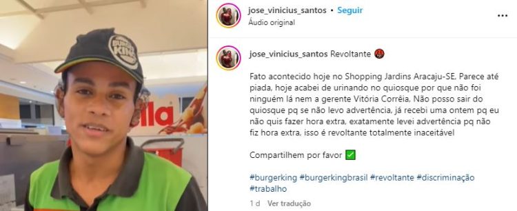 Funcionário do Burger King diz ter urinado na roupa por não poder