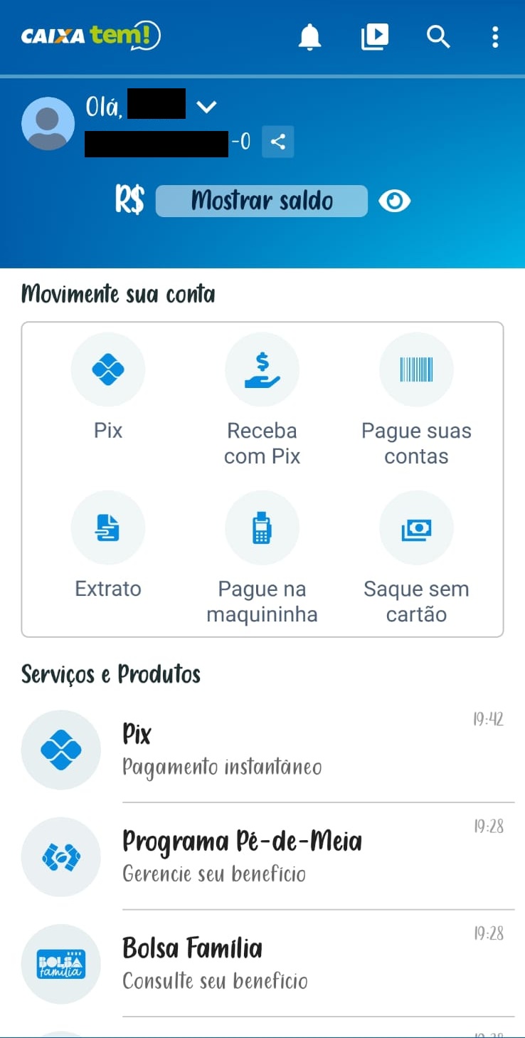 Tela inicial do app Caixa Tem 