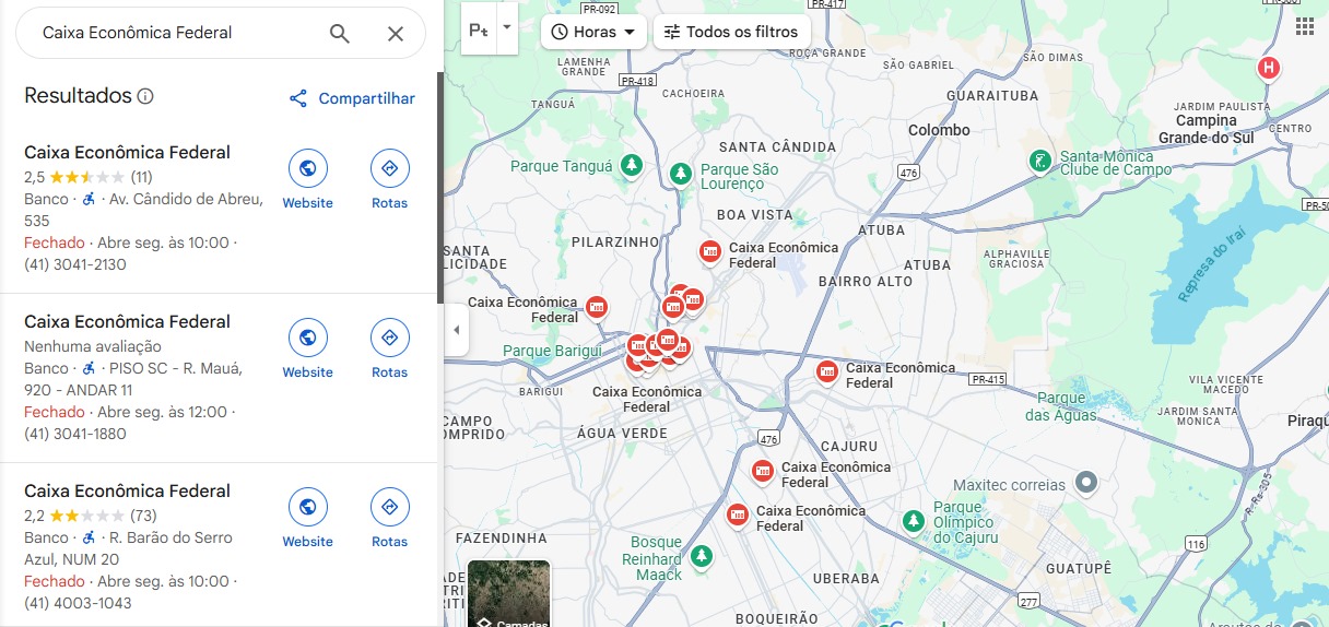 Captura de tela do Google Maps com localização de agências da Caixa em Curitiba